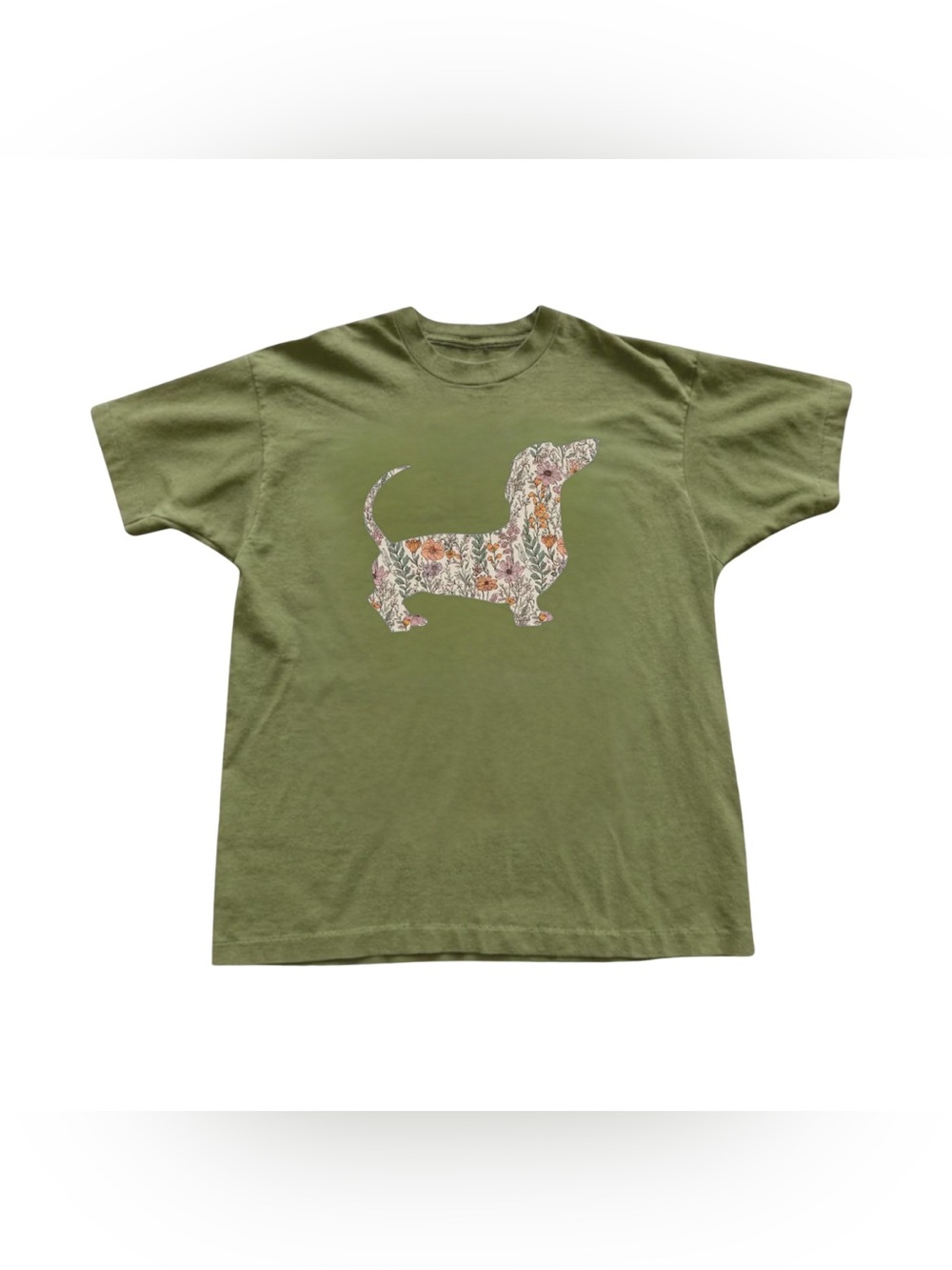 Military Green Dachshund Floral Graphic Tee